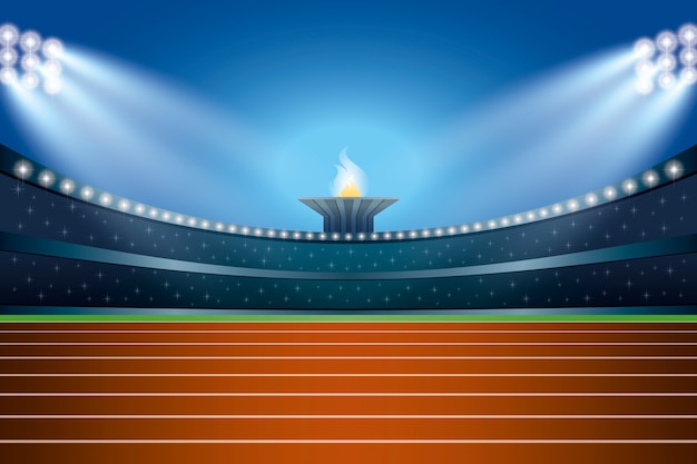 Athletics stadium with track at general front night view.