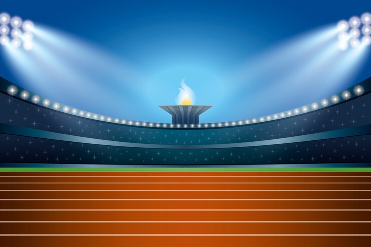 Vector athletics stadium with track at general front night view. 
