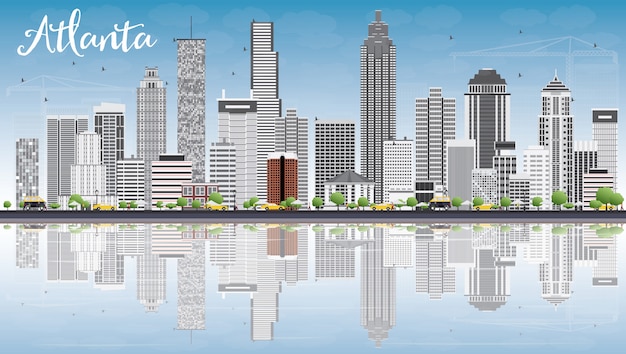 Skyline di atlanta con edifici grigio, cielo blu e riflessioni.