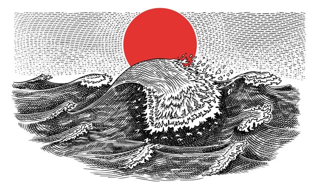 Vector atlantic tidal waves vintage storm japanese landscape towards red sunset on the horizon hand drawn label marine and sea ocean background for banner or poster isolated vector illustration