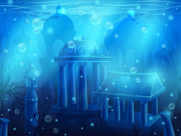 Vector atlantis. submerged underwater city, the ancient ruins of eastern.