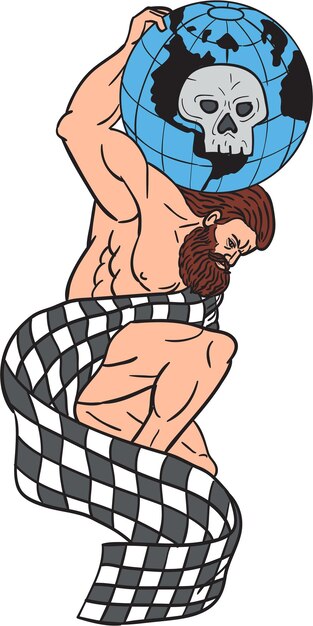 Atlas Lifting Globe Skull Checkered Vlag Tekening