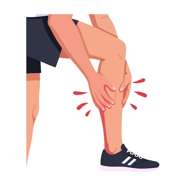 Atleet die ongemak ervaart terwijl hij zijn knie vasthoudt in een vlakke minimale stijl vectorillustratie die pijn en bezorgdheid tijdens lichamelijke activiteit toont