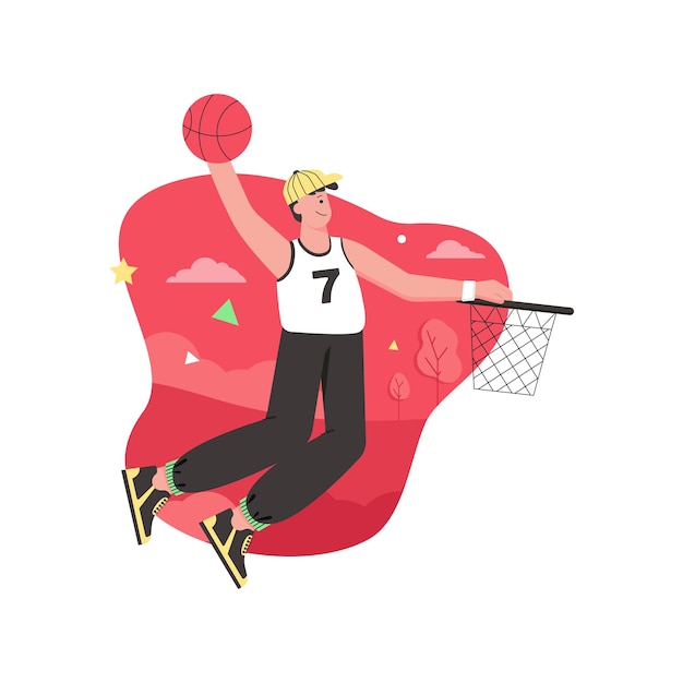 Atleet die sportactiviteiten doet modern plat concept. Gelukkige kerel in uniform bal gooien en volleyballen. Training en competitie. Vectorillustratie met mensenscène voor webbannerontwerp