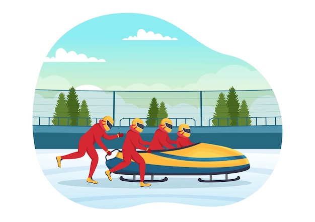 Atleet rijden slee bobslee illustratie met sneeuw en bobsleebaan in wintersport activiteit