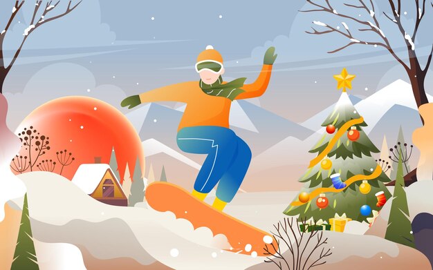 Atleet skiën buiten in de winter met besneeuwde bergen en bos op de achtergrond, vector