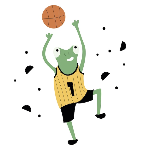 Atletische groene pad in sportuniform speelt basketbal. Platte vectorillustratie.