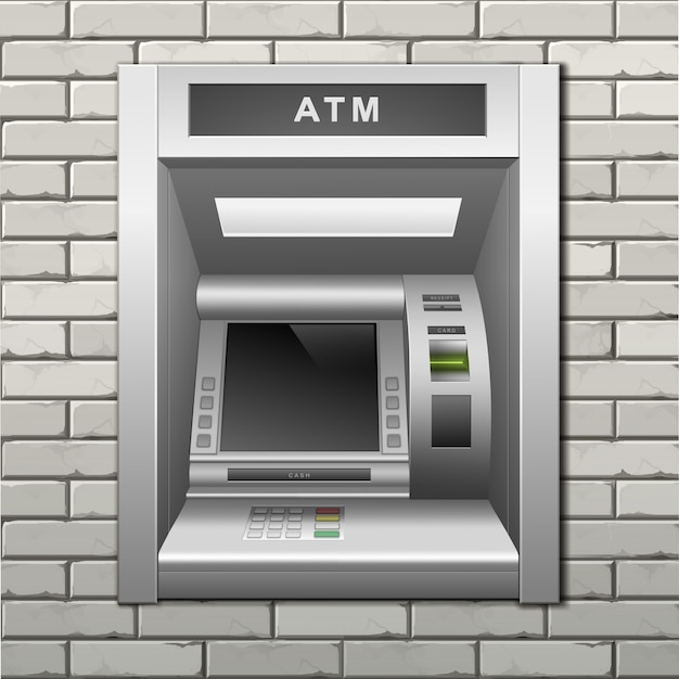 レンガの壁の背景にATM銀行の現金自動預け払い機