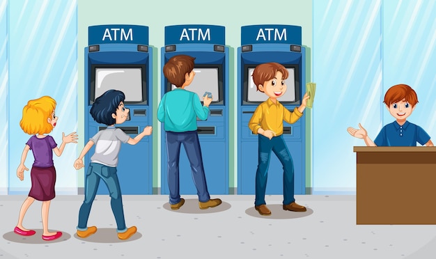 Vector atm bank scene with people cartoon character