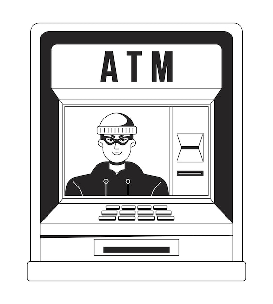 ATM-fraude bw concept vector spot illustratie Dief die geld steelt Online banking 2D cartoon platte lijn monochromatisch object voor web UI-ontwerp Cybercrime bewerkbare geïsoleerde omtrek held beeld