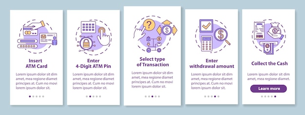 線形概念を備えたモバイルアプリページ画面をオンボーディングするATM命令。トランザクションのタイプを選択します。 5つのウォークスルーステップのグラフィックの説明。イラスト付きのUX、UI、GUIベクトルテンプレート