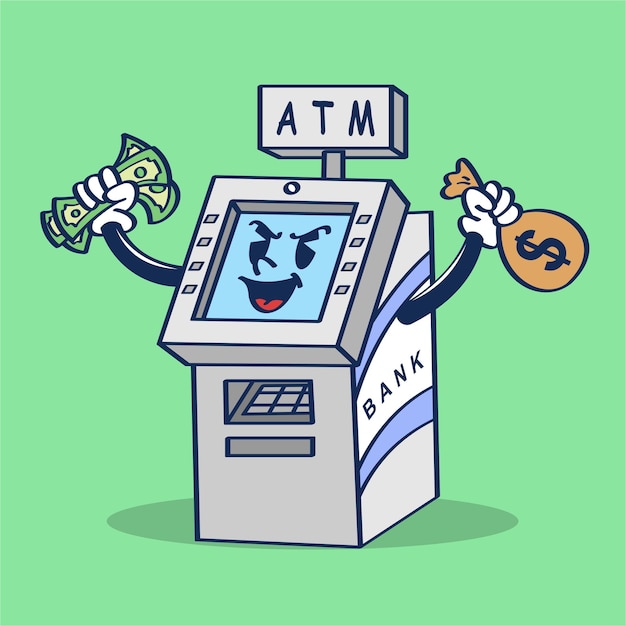 ATM マシンの漫画のキャラクターがお金を処理し、お金の袋ベクトル イラスト手描き