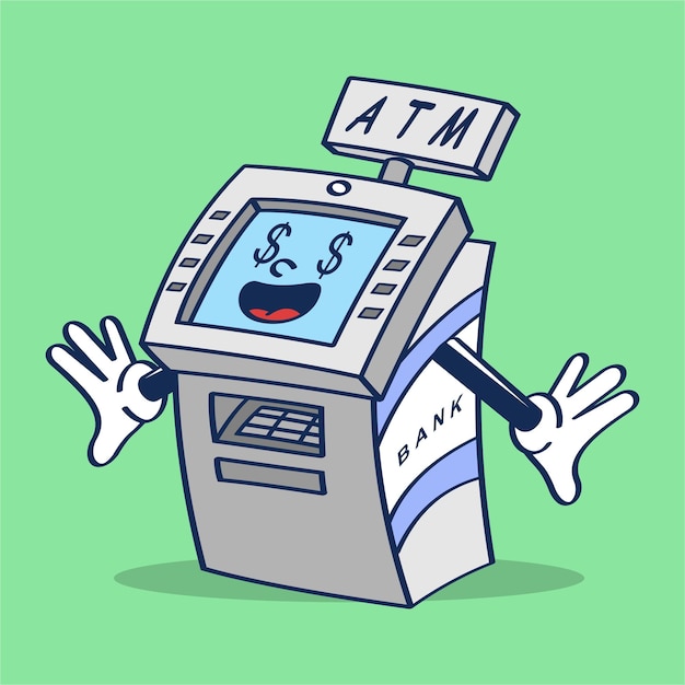 Vector atm machine cartoon character with cute experssion mercenary eye vector illustration hand drawing