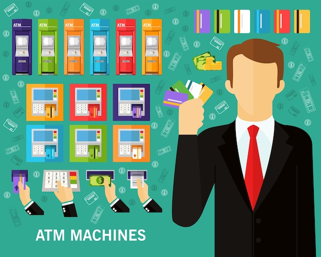 Atm machine concept background. flat icons.