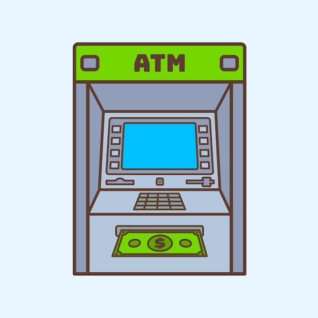 ATM 기계의 평평한 일러스트레이션 ATM 기계에서 돈을 꺼내는