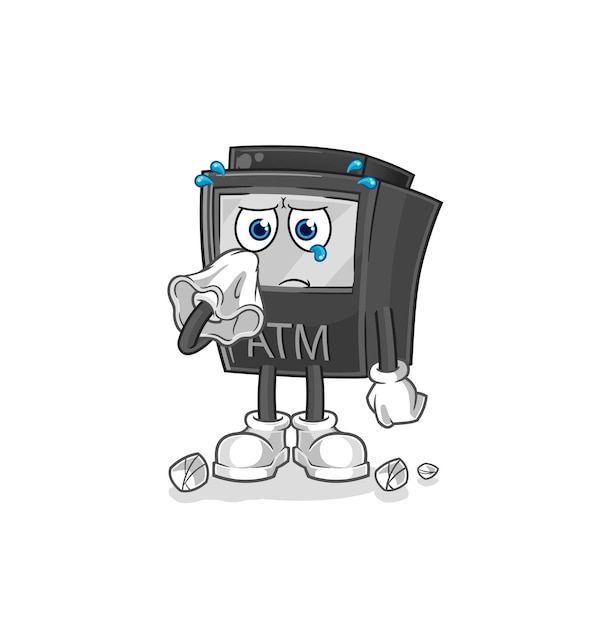 ATM-machine huilen met een tissue cartoon mascotte vector