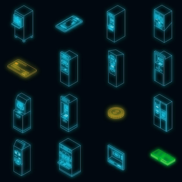 Atm machine icons set vector neon