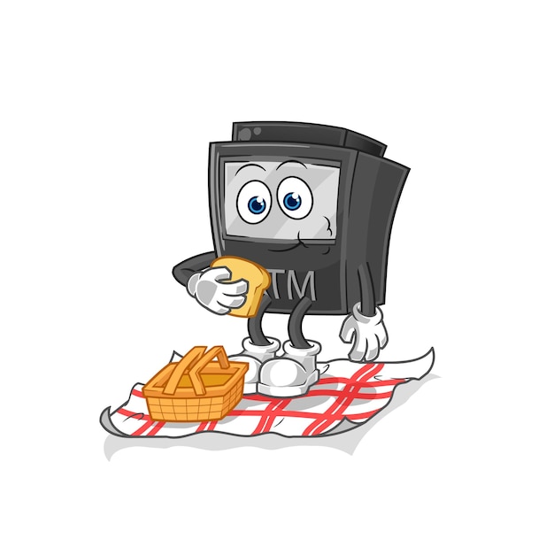 ATM machine on a picnic cartoon cartoon mascot vector