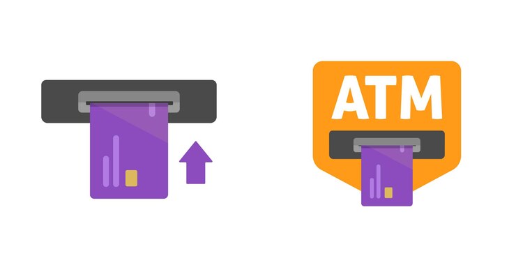 Vector atm machine slot with bank credit card insert icon or money service cashpoint teller automatic