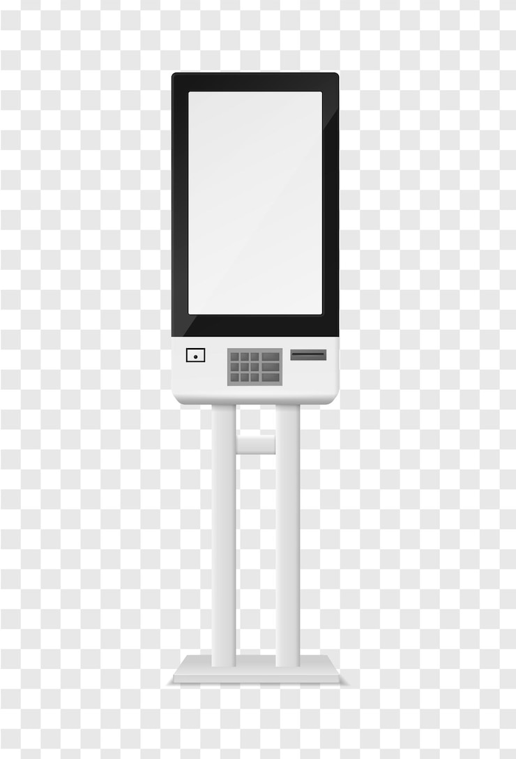 Vector atm and self-ordering kiosk. blank terminal system black frame and transparent background, realistic modern payment equipment in restaurant or shop, customer order software vector 3d isolated mockup