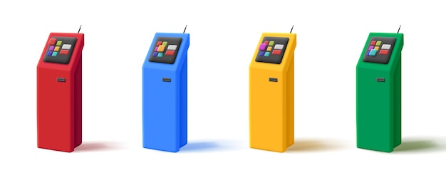 ATM or terminal 3d illustration set with service tiles icons on touchscreen