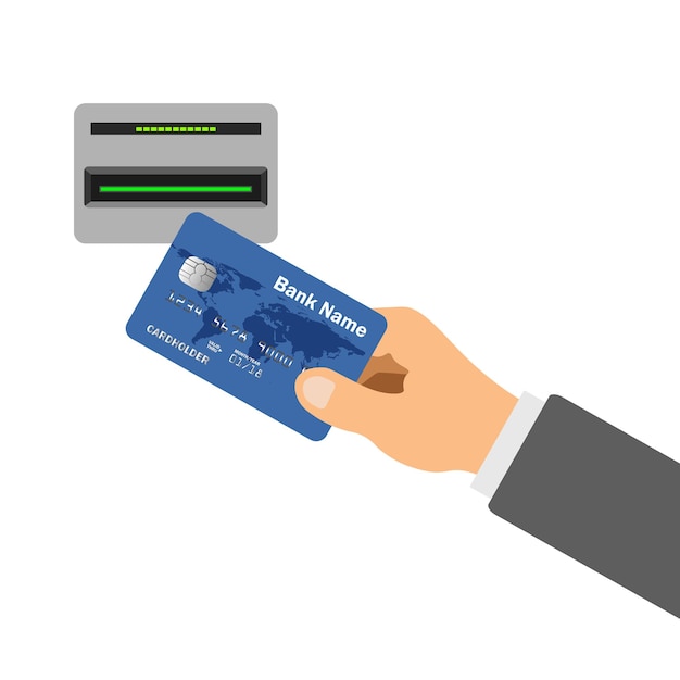 ATM 단말기 사용 개념 신용 카드 또는 직불 카드를 ATM 기계 슬롯 카드 판독기에 넣는 손