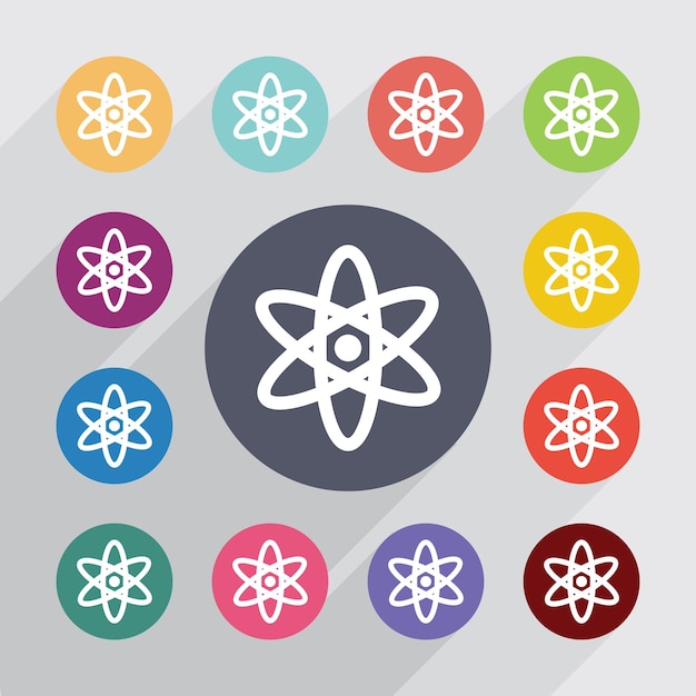 Atom circle, flat icons set. Round colourful buttons. Vector