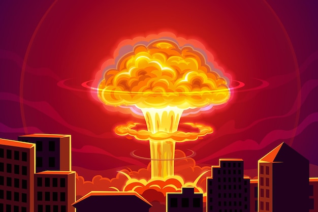 Vector atomic bomb nuclear explosion in city background