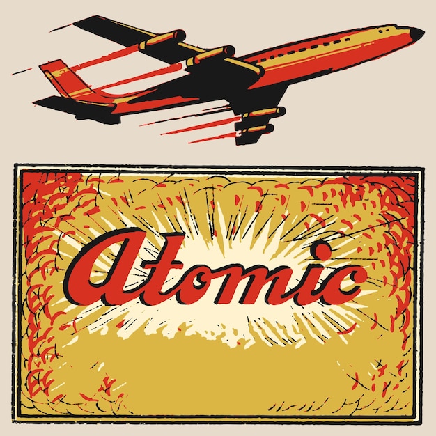 Atomic gold age plane and explosion label logo retro vintage bad print vector illustration template