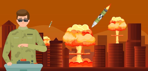 Concetto di guerra atomica con l'uomo che spinge il pulsante nucleare rosso su sfondo con paesaggio urbano e missili che esplodono illustrazione vettoriale piatta