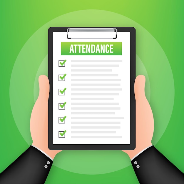 Attendance clipboard with checklist. businessman holding document. questionnaire, survey. vector stock illustration