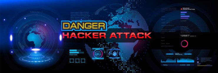Vector attention attack danger for your computer futuristic cyber banner with dangerous signal and warning about your computer being hacked unauthorized hacking your data through global internet network