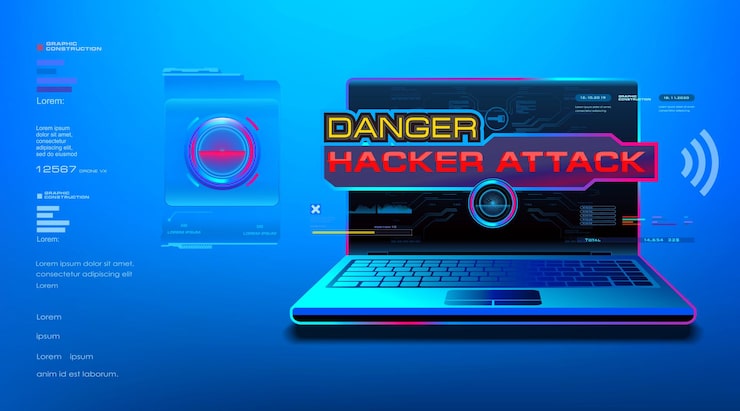 Vector attention attack danger for your computer laptop with hacking danger screen track down hacker attack on your computer protecting personal data computer from the threat of hacking