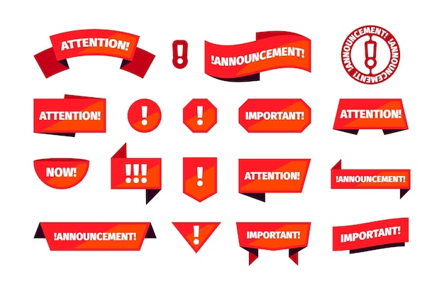 Attention banners announcement red stamps for priority ads sales notices badges for different messages garish vector templates set