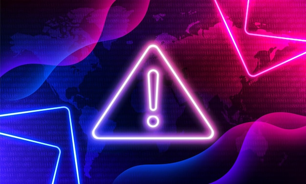 Attention Danger Hacking Neon Symbol on Blue and Pink Map Background.Hack Attack Security protection