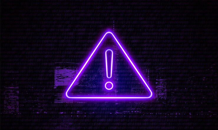 Vector attention danger hacking. neon symbol on purple big city background. ransomware.