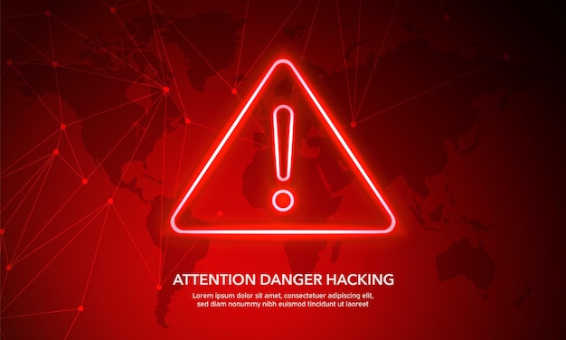 Vector attention danger hacking neon symbol on red map technology connection background security protection