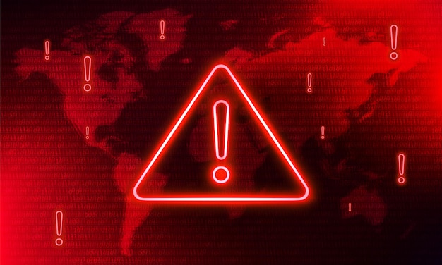 Attention danger hacking neon symbols on red map background. security protection malware hack attack