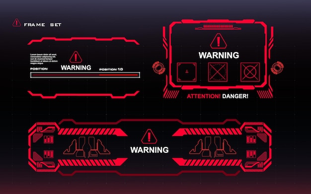 Attention Danger Set of red frames with text Warning Danger Alarm popup screens with HUD GUI UI elements