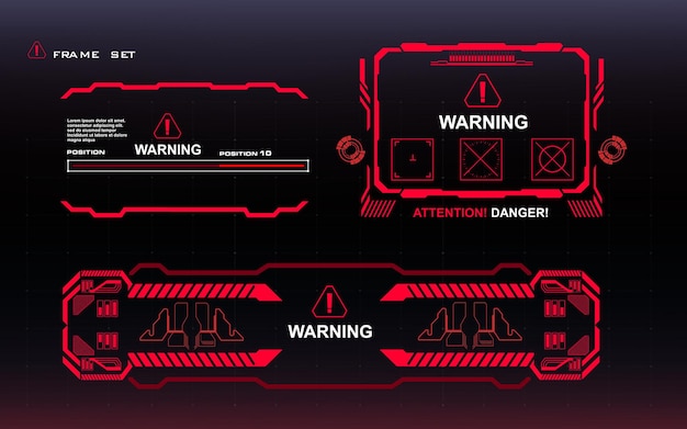 Attention danger set of red frames with text warning danger alarm popup screens with hud gui ui elements