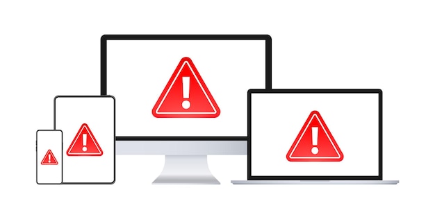 Vector attention message alert sign on laptop and smartphone screen danger error alerts