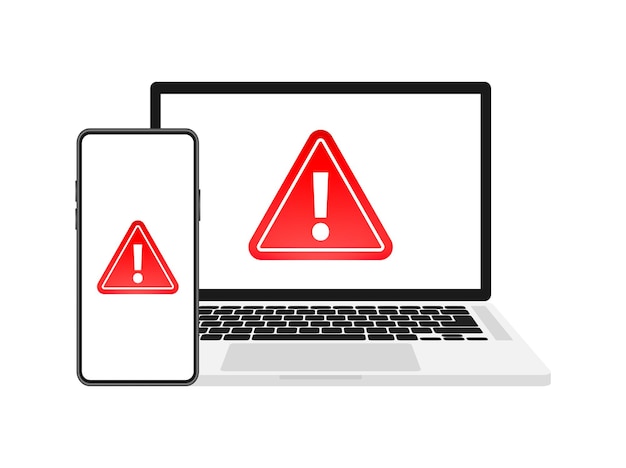 Vector attention message alert sign on laptop and smartphone screen danger error alerts