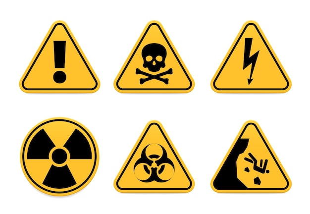 Vector attention poison high voltage radiation biohazard and falling warning signs toxic or radioactive area restriction forbidden territory or zone isolated yellow set of icons vector illustration