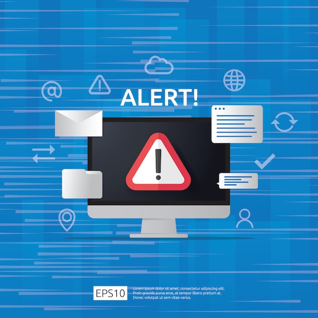 컴퓨터 모니터 화면에 느낌표가 표시된주의 경고 공격자 경고 표시. 인터넷 위험 기호 아이콘에주의하십시오.