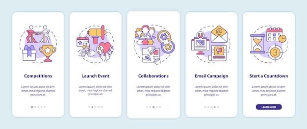attracting attention to business tips onboarding mobile app page screen. startup walkthrough 5 steps graphic instructions with concepts. ui, ux, gui vector template with linear color illustrations