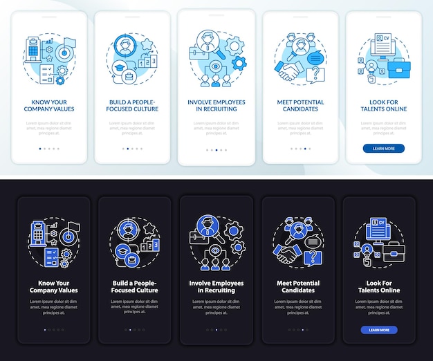 Привлечение ведущих клиентов темный, светлый экран страницы мобильного приложения. прохождение 5 шагов, графические инструкции с концепциями. векторный шаблон ui, ux, gui с линейными иллюстрациями дневного и ночного режимов