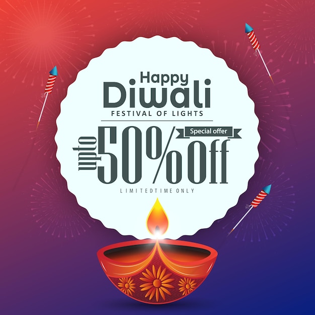 Design accattivante di banner pubblicitari con 50 sconti per la celebrazione del festival diwali