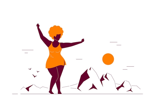 매력적인 흑인 여성 플러스 크기 해변에서 춤을. 신체 긍정적, 여름 해변 파티 개념. 플랫 스타일 라인 아트 그림