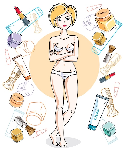 Attractive blonde woman in underwear posing on colorful background with creme, lipstick, blusher and different tubes. Vector nice lady illustration.