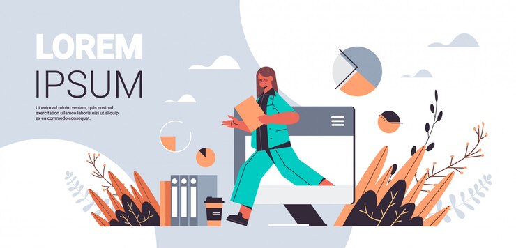 Vector attractive businesswoman with folder coming out laptop screen digital detox concept